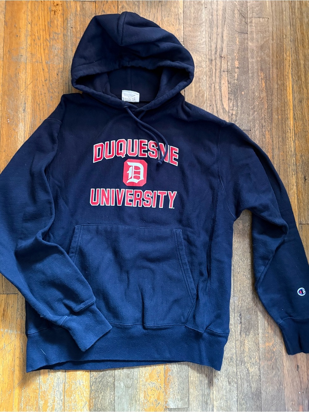 Champion Navy Duquesne University Hoodie with Red Lettering
